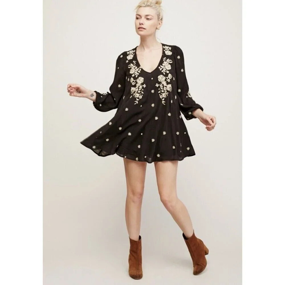 Free People Sweet Tennessee Dress Womens XS Embroidered Black Grey Boho Keyhole